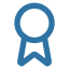 Blue award ribbon icon on black background.